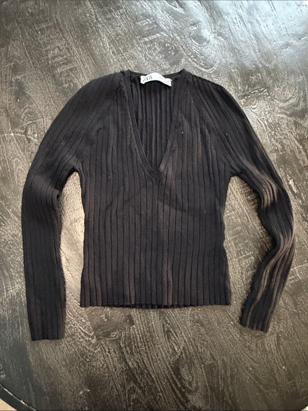 Zara Black Ribbed Deep V-Neck Sweater